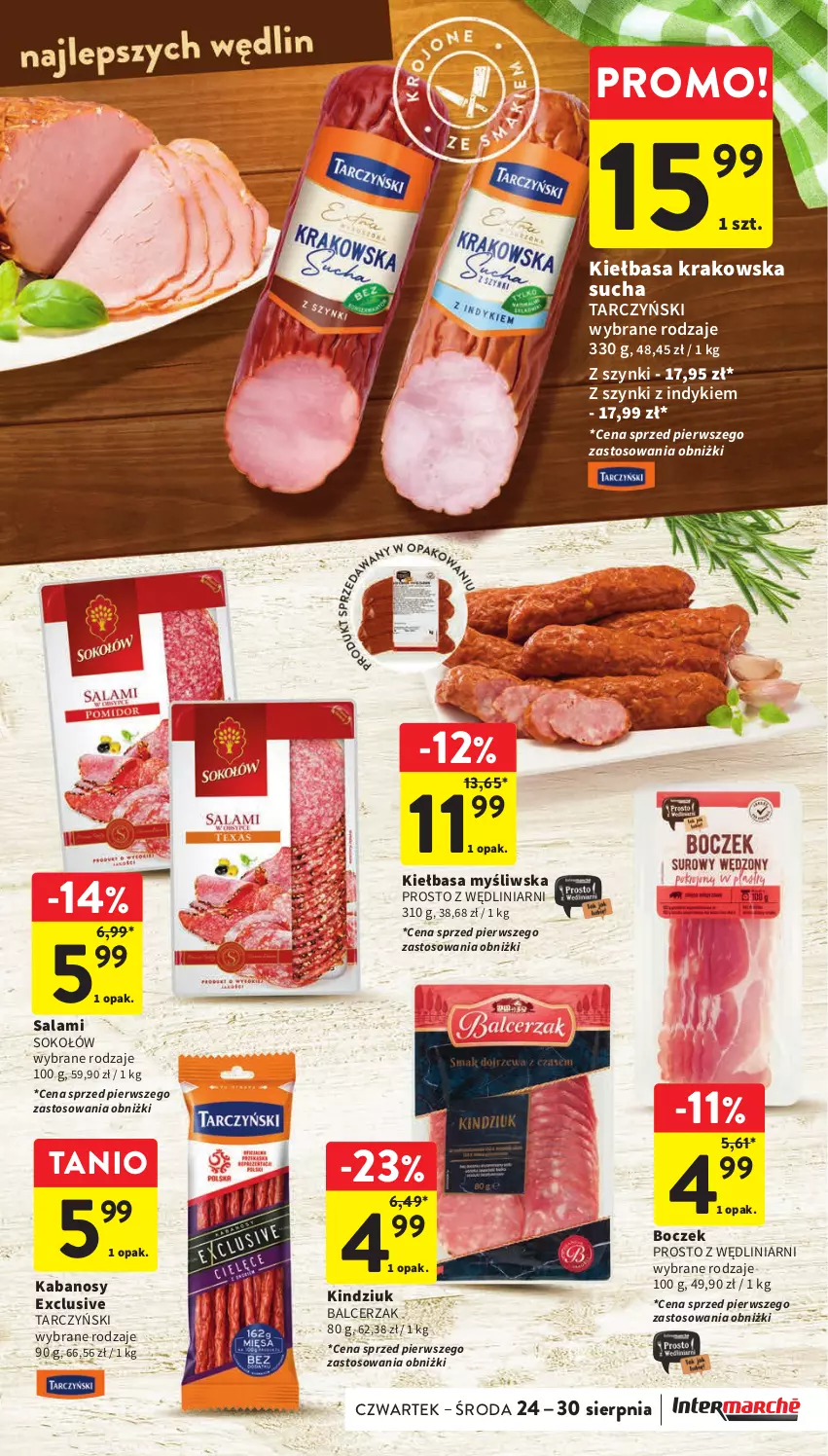 Gazetka promocyjna Intermarche - Gazetka Intermarche - ważna 24.08 do 30.08.2023 - strona 18 - produkty: Boczek, Kabanos, Kiełbasa, Kiełbasa krakowska, Kindziuk, Salami, Sok, Sokołów, Tarczyński