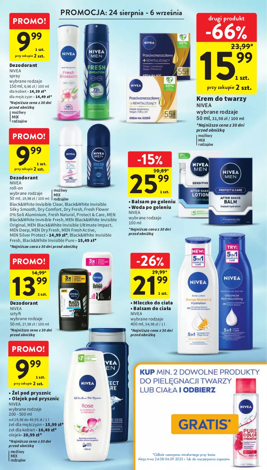 Gazetka promocyjna Intermarche - Gazetka Intermarche - ważna 24.08 do 30.08.2023 - strona 34 - produkty: Balsam do ciała, Balsam po goleniu, Dezodorant, Gin, Krem do twarzy, Lack, Mleczko, Mleczko do ciała, Nivea, Olej, Olejek pod prysznic, Pur, Szampon, Woda, Woda po goleniu