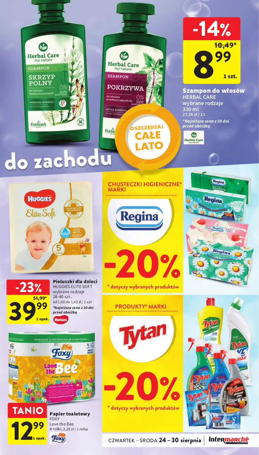 Gazetka promocyjna Intermarche - Gazetka Intermarche - ważna 24.08 do 30.08.2023 - strona 36 - produkty: Dzieci, Foxy, Huggies, Papier, Papier toaletowy, Rolki, Szampon