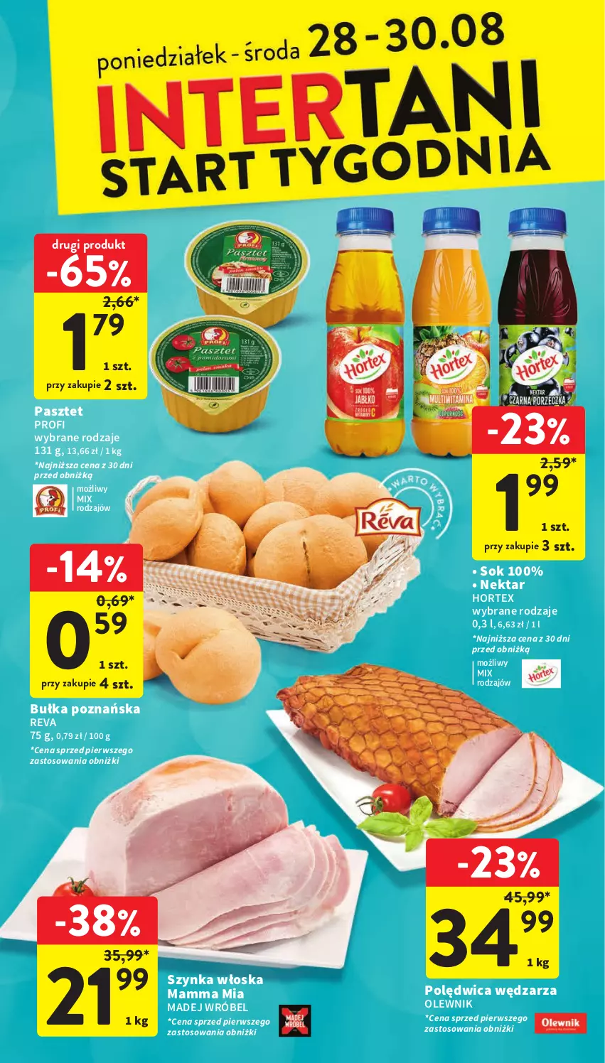 Gazetka promocyjna Intermarche - Gazetka Intermarche - ważna 24.08 do 30.08.2023 - strona 39 - produkty: Bułka, Hortex, Madej Wróbel, Nektar, Olewnik, Pasztet, Polędwica, Sok, Szynka