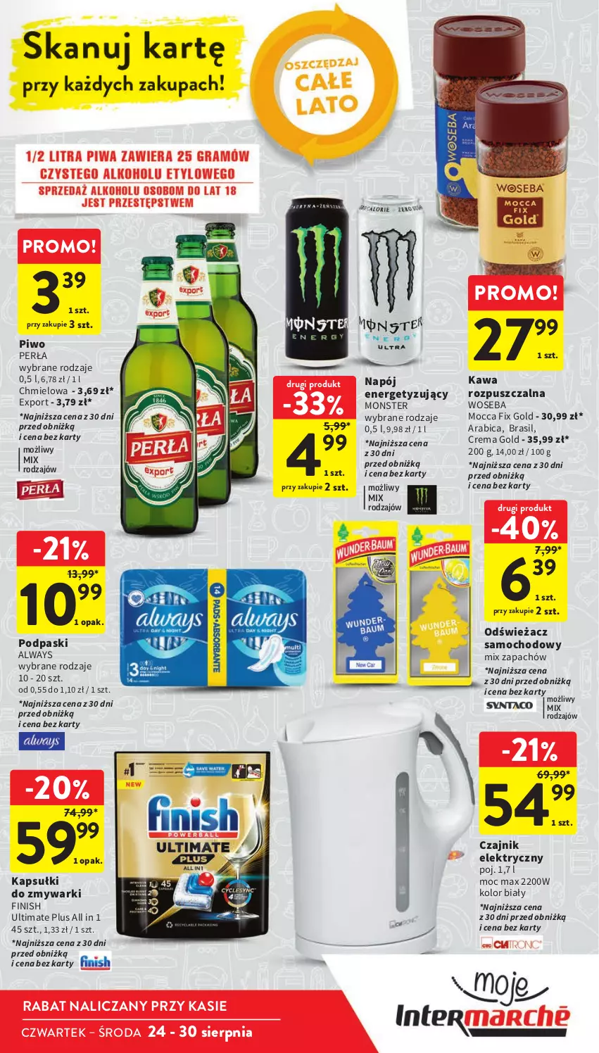 Gazetka promocyjna Intermarche - Gazetka Intermarche - ważna 24.08 do 30.08.2023 - strona 8 - produkty: Always, BIC, Czajnik, Czajnik elektryczny, Finish, Kawa, Kawa rozpuszczalna, Mocca Fix Gold, Napój, Perła, Piwo, Podpaski, Por, Woseba, Zmywarki