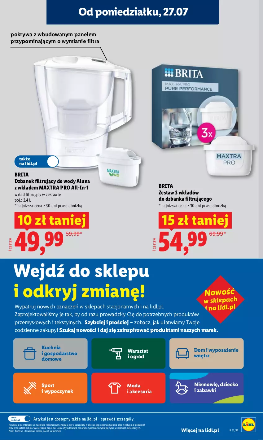 Gazetka promocyjna Lidl - Gazetka ważna od 27.07 do 29.07 - ważna 27.07 do 29.07.2026 - strona 39 - produkty: Brit, Brita, Dzbanek, Dzbanek filtrujący, Kuchnia, Moda, Ogród, Pokrywa, Por, Sport, Wkład filtrujący