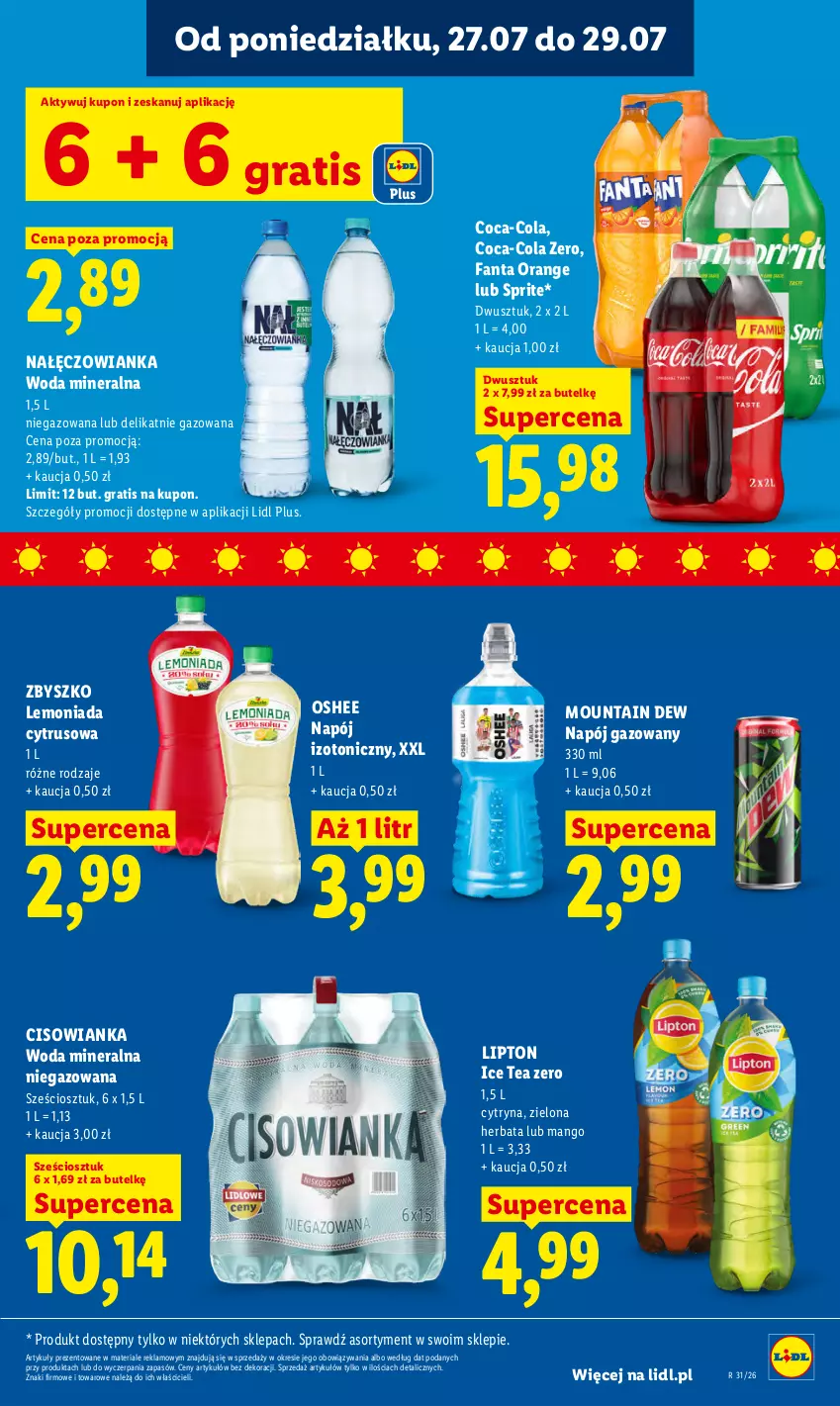 Gazetka promocyjna Lidl - Gazetka ważna od 27.07 do 29.07 - ważna 27.07 do 29.07.2026 - strona 69 - produkty: Cisowianka, Coca-Cola, Fa, Fanta, Gra, Herbata, Ice tea, Lemoniada, Lipton, Mango, Nałęczowianka, Napój, Napój gazowany, Napój izotoniczny, Oshee, Sprite, Woda, Woda mineralna