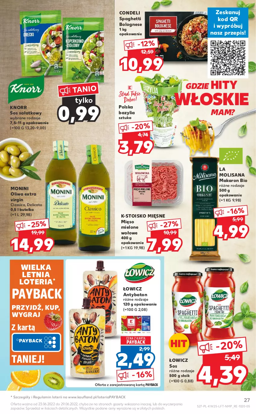 Gazetka promocyjna Kaufland - OFERTA TYGODNIA - ważna 23.06 do 29.06.2022 - strona 27 - produkty: Baton, Bazyl, Bazylia, Gin, Gra, Isana, Knorr, Makaron, Mięso, Monini, Sałat, Sos, Spaghetti