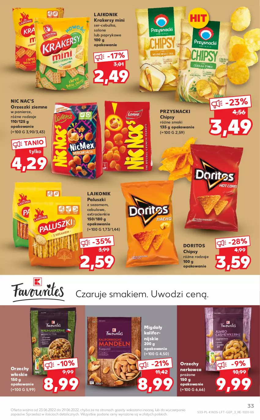 Gazetka promocyjna Kaufland - OFERTA TYGODNIA - ważna 23.06 do 29.06.2022 - strona 33 - produkty: Chipsy, Krakersy, Lajkonik, Migdały, Orzechy włoskie, Orzeszki, Orzeszki ziemne, Przysnacki, Ser, Sezam