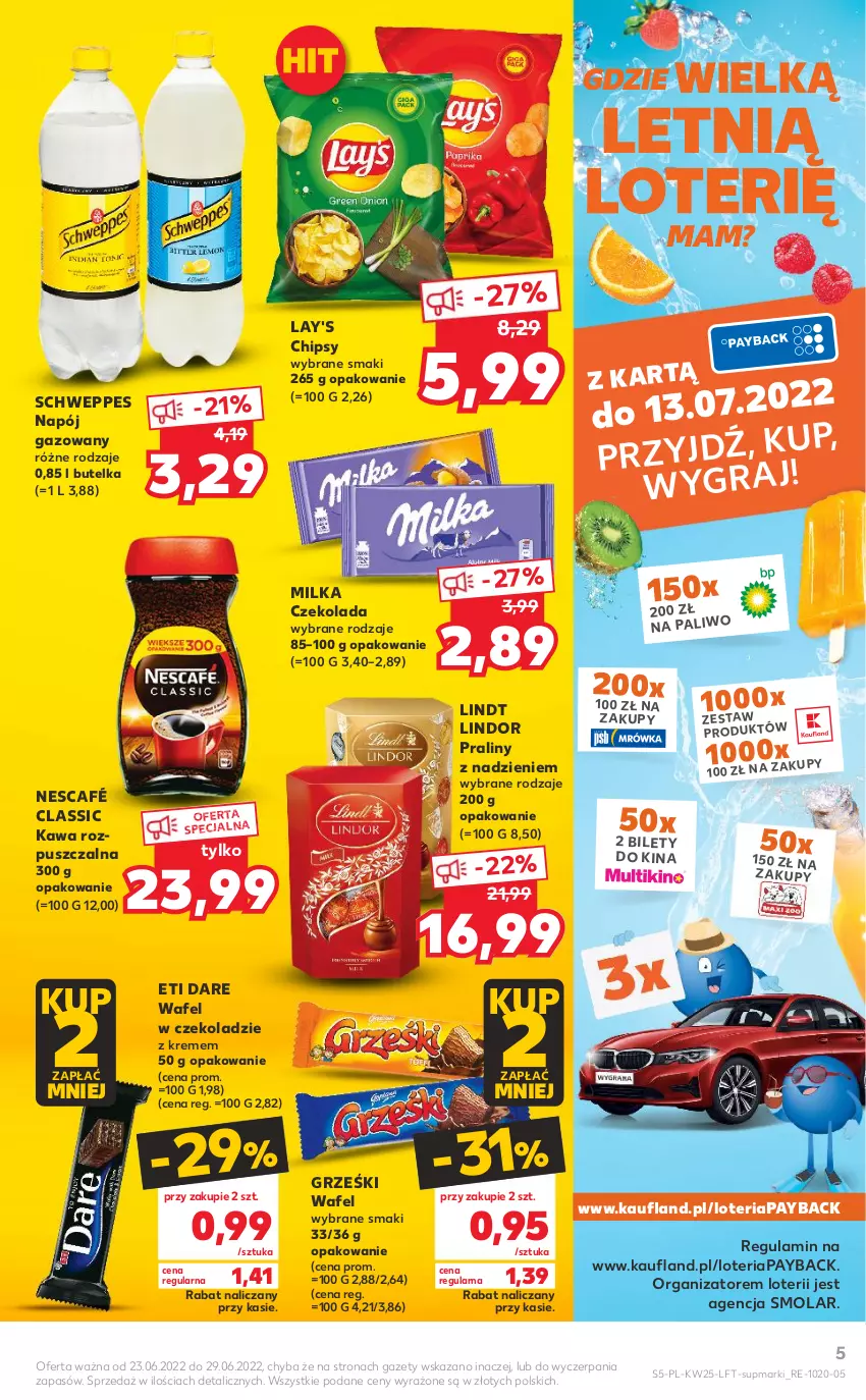 Gazetka promocyjna Kaufland - OFERTA TYGODNIA - ważna 23.06 do 29.06.2022 - strona 5 - produkty: Chipsy, Czekolada, Grześki, Kawa, Kawa rozpuszczalna, Lindor, Lindt, Milka, Mola, Napój, Napój gazowany, Nescafé, Praliny, Schweppes