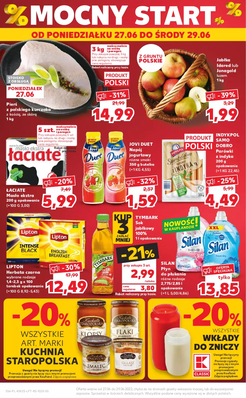 Gazetka promocyjna Kaufland - OFERTA TYGODNIA - ważna 23.06 do 29.06.2022 - strona 56 - produkty: Grunt, Herbata, Herbata czarna, Jabłka, Jogurt, Jonagold, Kuchnia, Kuchnia Staropolska, Kurczak, Lipton, Masło, Napój, Napój jogurtowy, Parówki, Parówki z indyka, Płyn do płukania, Silan, Sok, Sok jabłkowy, Tymbark, Waga, Znicz