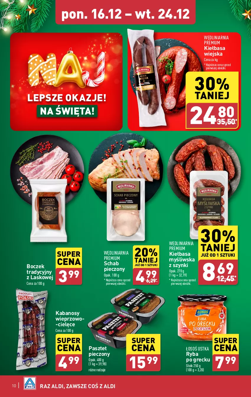 Gazetka promocyjna Aldi - Pełna oferta - ważna 16.12 do 24.12.2024 - strona 10 - produkty: Boczek, Kabanos, Kiełbasa, Kiełbasa wiejska, Pasztet, Piec, Ryba, Ryba po grecku, Schab pieczony