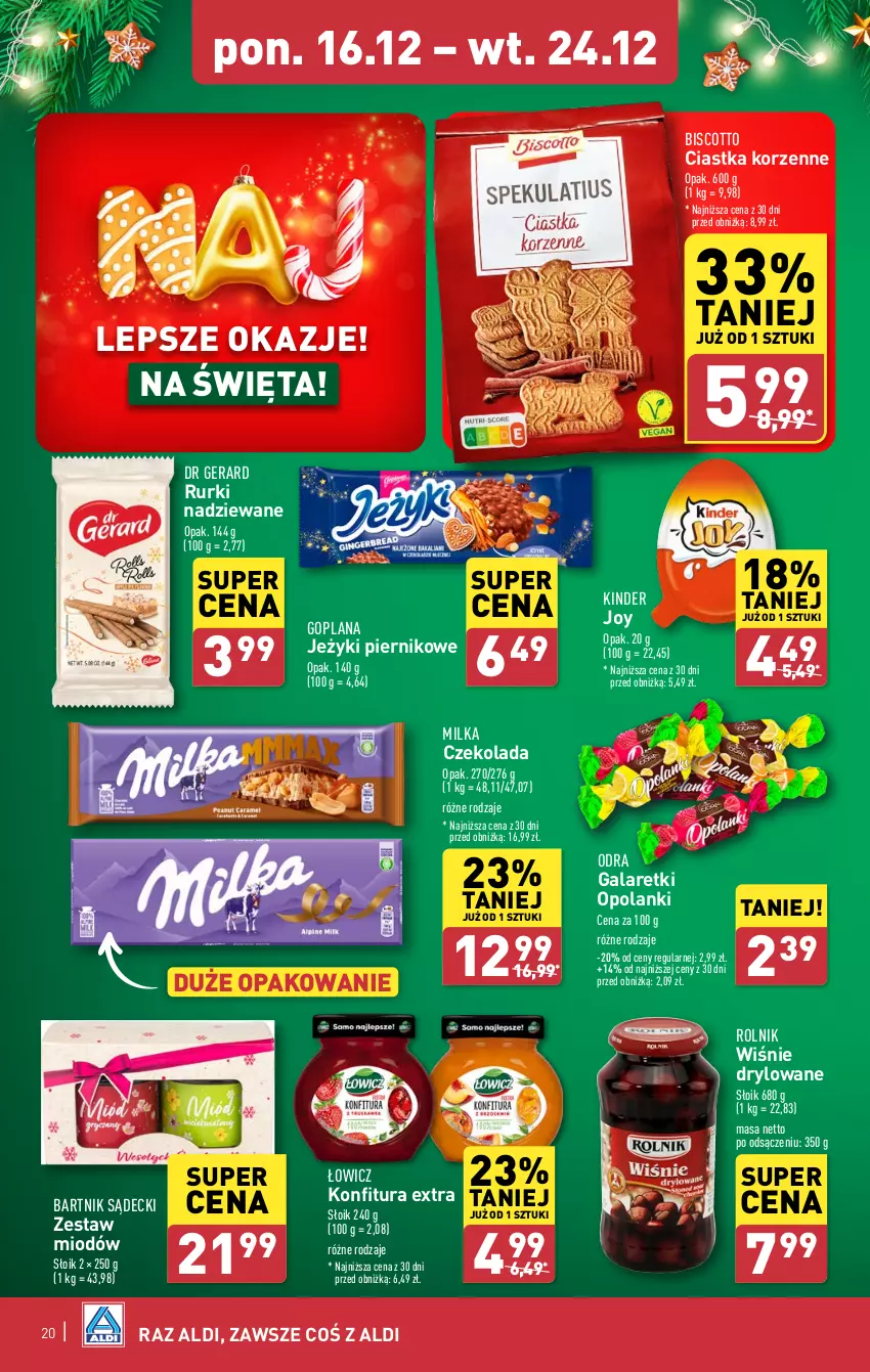 Gazetka promocyjna Aldi - Pełna oferta - ważna 16.12 do 24.12.2024 - strona 20 - produkty: Ciastka, Czekolada, Dr Gerard, Gala, Galaretki, Goplana, Jeżyki, Kinder, Konfitura, LANA, Lanki, Milka, Piernik, Rolnik, Rurki