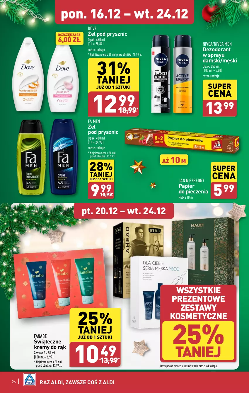 Gazetka promocyjna Aldi - Pełna oferta - ważna 16.12 do 24.12.2024 - strona 26 - produkty: Dezodorant, Dove, Fa, Jan Niezbędny, Nivea, Nivea Men, Papier, Papier do pieczenia, Piec