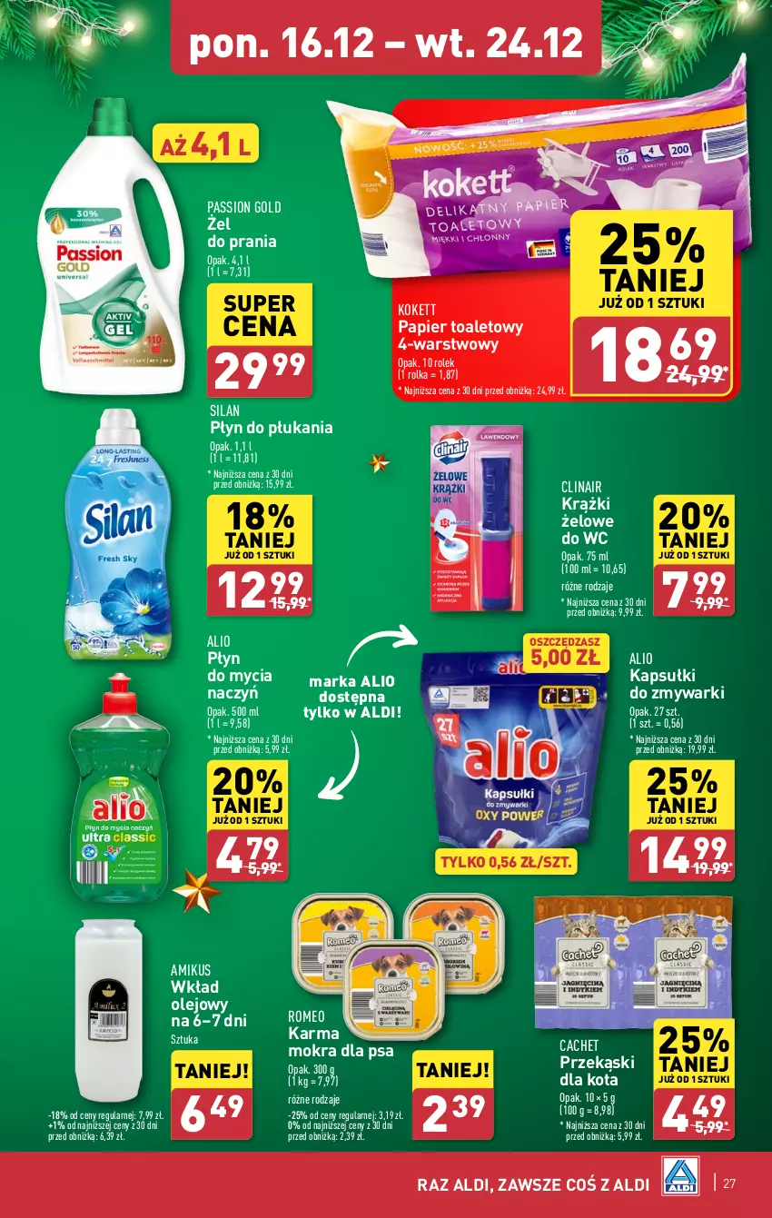 Gazetka promocyjna Aldi - Pełna oferta - ważna 16.12 do 24.12.2024 - strona 27 - produkty: Clin, Do mycia naczyń, Olej, Papier, Papier toaletowy, Płyn do mycia, Płyn do mycia naczyń, Płyn do płukania, Przekąski dla kota, Silan, Wkład olejowy, Zmywarki