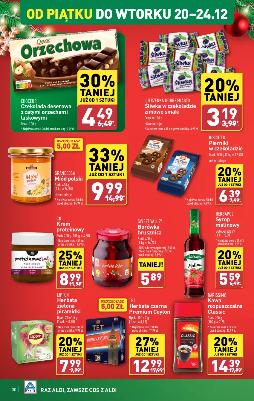 Gazetka promocyjna Aldi - Pełna oferta - ważna 16.12 do 24.12.2024 - strona 30 - produkty: Borówka, Borówka brusznica, Czekolada, Deser, Gra, Herbapol, Herbata, Herbata czarna, Jutrzenka, Kawa, Kawa rozpuszczalna, Lipton, Miód, Piernik, Pierniki w czekoladzie, Ser, Syrop