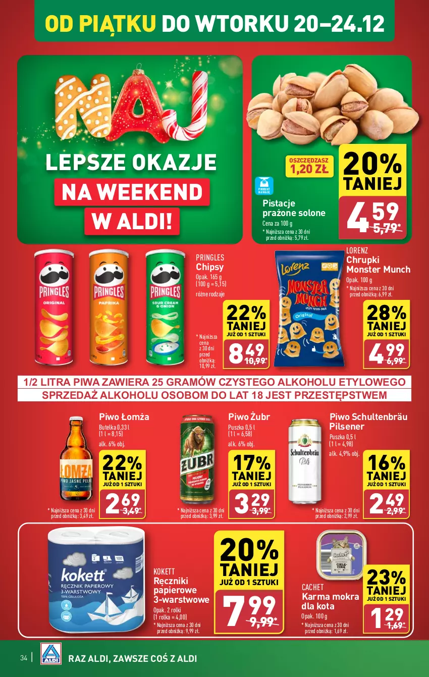 Gazetka promocyjna Aldi - Pełna oferta - ważna 16.12 do 24.12.2024 - strona 34 - produkty: Chipsy, Chrupki, Gra, Lorenz, Monster Munch, Papier, Pistacje, Piwa, Piwo, Pringles, Ręcznik, Ręczniki papierowe, Rolki