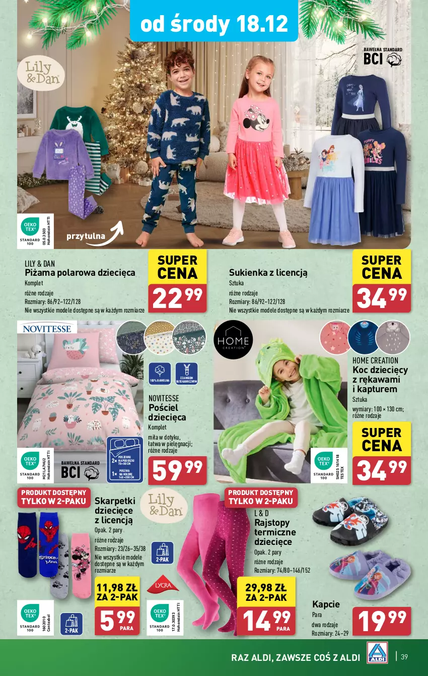 Gazetka promocyjna Aldi - Pełna oferta - ważna 16.12 do 24.12.2024 - strona 39 - produkty: Dzieci, Kapcie, Karp, Kawa, Koc, Piżama, Pościel, Rajstopy, Skarpetki, Sukienka, Top, Wełna