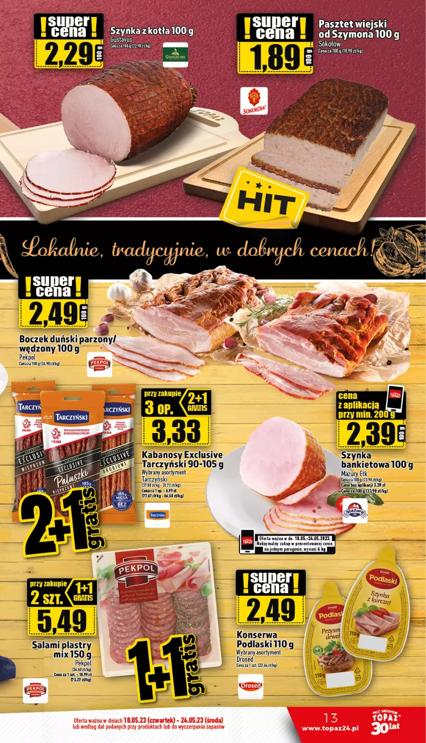 Gazetka promocyjna Topaz - Gazetka - ważna 17.04 do 18.06.2023 - strona 13 - produkty: Boczek, Pekpol, Piwa, Podlaski, Salami, Ser, Szynka, Tarczyński