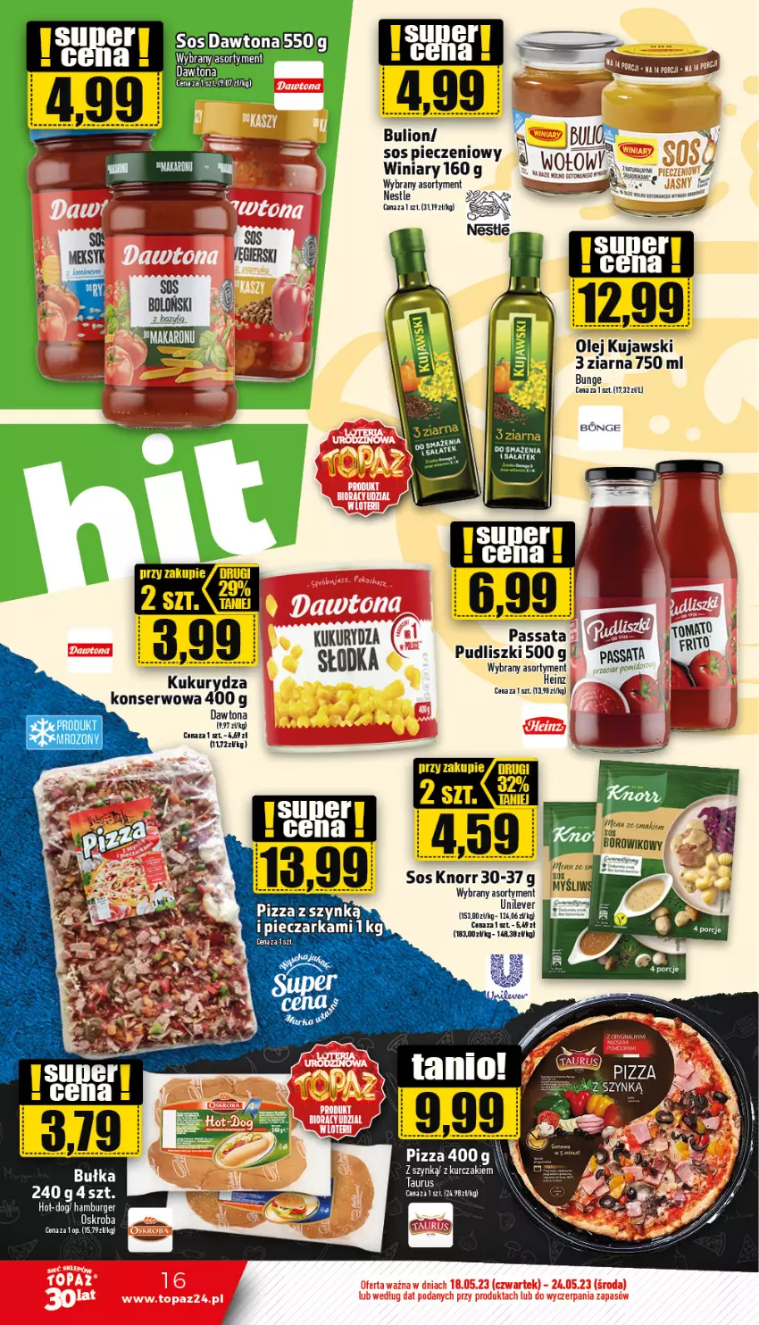 Gazetka promocyjna Topaz - Gazetka - ważna 17.04 do 18.06.2023 - strona 16 - produkty: Bulion, Burger, Dawtona, Gry, Hamburger, Knorr, Kujawski, Kukurydza, Lion, Olej, Piec, Pieczarka, Pizza, Pudliszki, Sałat, Ser, Sos, Sos pieczeniowy, Tusz, Wiko, Winiary