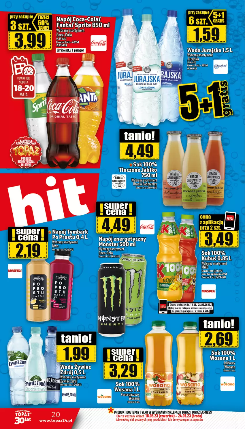 Gazetka promocyjna Topaz - Gazetka - ważna 17.04 do 18.06.2023 - strona 20 - produkty: Coca-Cola, Fa, Fanta, Napój, Sok, Sprite, Top, Wosana