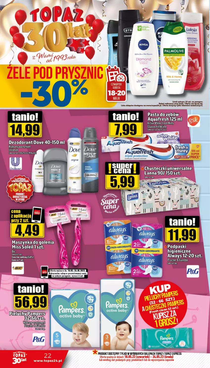 Gazetka promocyjna Topaz - Gazetka - ważna 17.04 do 18.06.2023 - strona 22 - produkty: Aquafresh, Chusteczki, Fa, Pampers, Pieluchy, Top