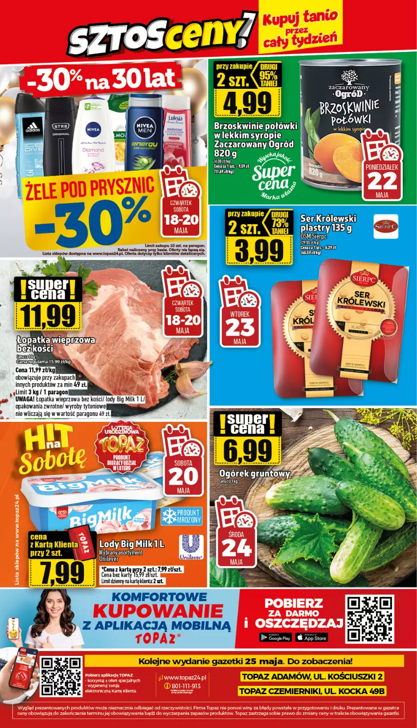 Gazetka promocyjna Topaz - Gazetka - ważna 17.04 do 18.06.2023 - strona 24 - produkty: Big Milk, Brzoskwinie, Koc, Królewski, Lody, Mobil, Ogród, Olej, Ser, Syrop, Top, Waga