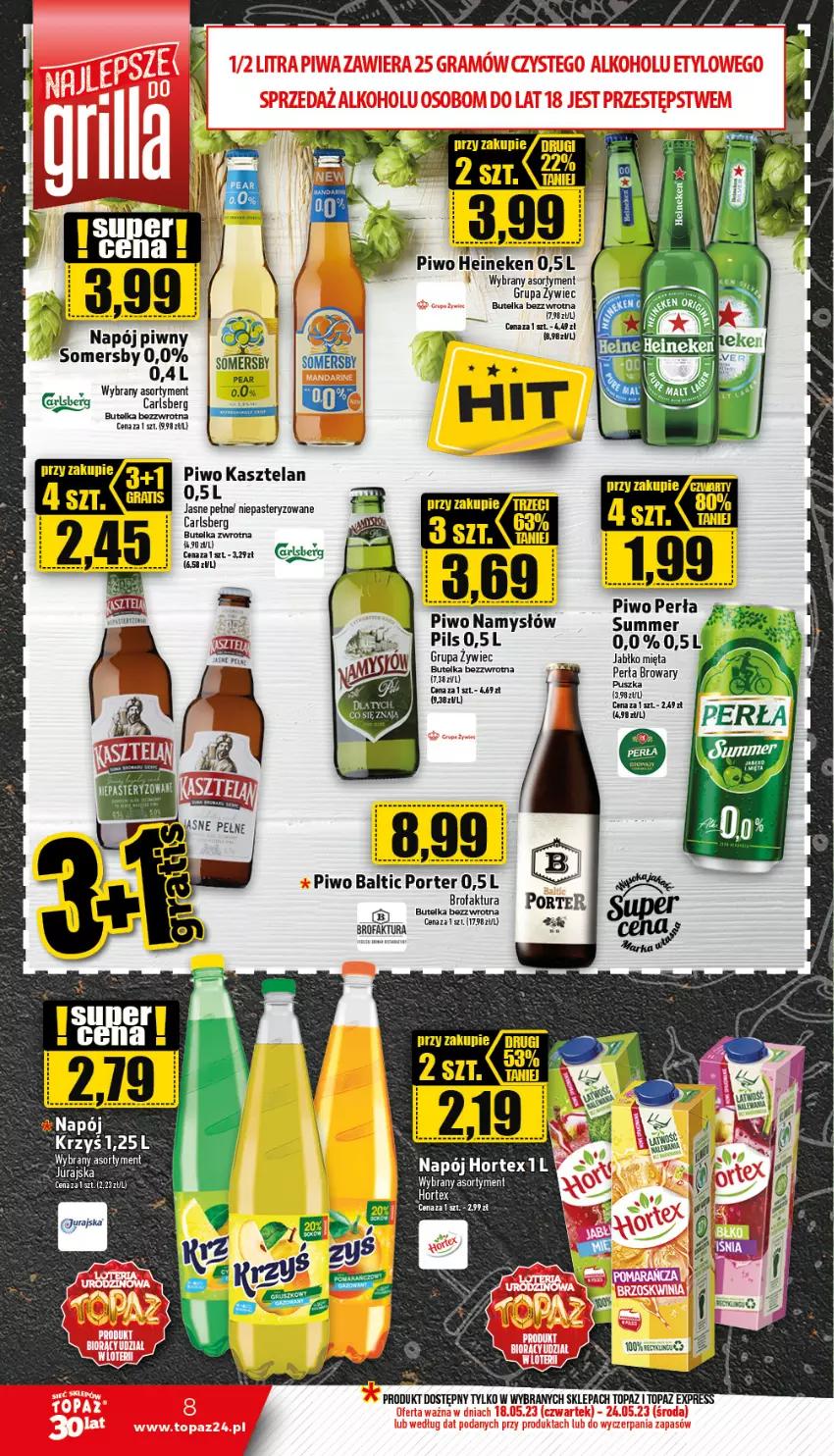 Gazetka promocyjna Topaz - Gazetka - ważna 17.04 do 18.06.2023 - strona 8 - produkty: Carlsberg, Fa, Gra, Heineken, Hortex, Kasztelan, Mięta, Namysłów, Napój, Perła, Piwo, Por, Somersby, Top