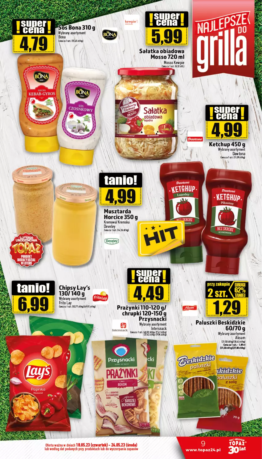 Gazetka promocyjna Topaz - Gazetka - ważna 17.04 do 18.06.2023 - strona 9 - produkty: Aksam, Beskidzki, Chipsy, Chrupki, Dawtona, Ketchup, Mus, Musztarda, Sałat, Sałatka