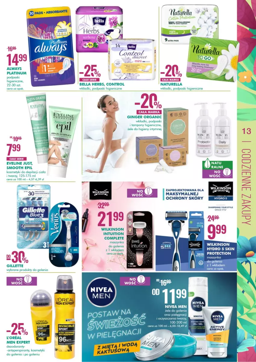 Gazetka promocyjna Super Pharm - Gazetka - ważna 19.03 do 03.04.2021 - strona 13 - produkty: Antyperspirant, Bell, Bella, Control, Dezodorant, Eveline, Gin, Maszynka, Maszynka do golenia, Naturell, Naturella, Podpaski, Ser, Szynka, Tampony, Wkładki