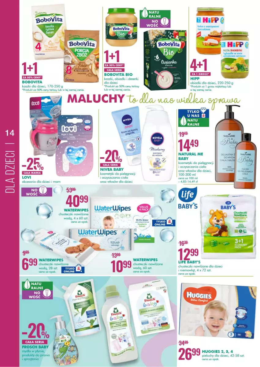 Gazetka promocyjna Super Pharm - Gazetka - ważna 19.03 do 03.04.2021 - strona 14 - produkty: Baby O, BoboVita, Chusteczki, Chusteczki nawilzane, Deser, Dzieci, Huggies, Kosmetyki do pielęgnacji, Lovi, Nivea, Nivea Baby, Pieluchy, Ser