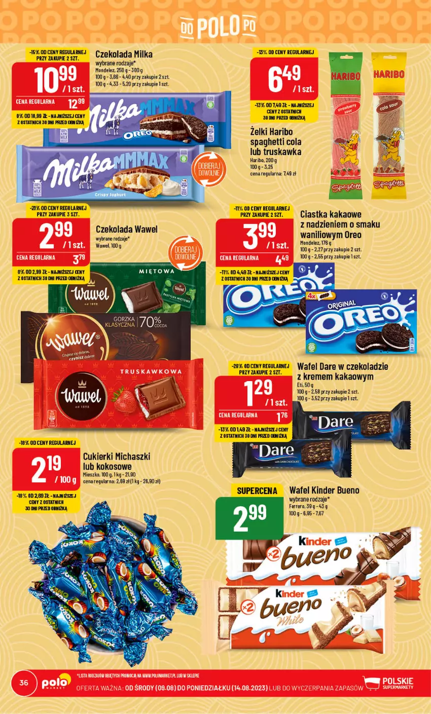 Gazetka promocyjna PoloMarket - Gazetka pomocyjna - ważna 09.08 do 14.08.2023 - strona 36 - produkty: Ciastka, Cukier, Cukierki, Czekolada, Ferrero, Haribo, Kakao, Kinder, Kinder Bueno, Kokos, Milka, Oreo, Spaghetti, Wawel