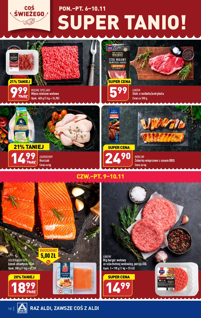 Gazetka promocyjna Aldi - Pełna oferta - ważna 06.11 do 10.11.2023 - strona 10 - produkty: Burger, Golden Seafood, Kurczak, Mięsne specjały, Mięso, Mięso mielone, Morliny, Por, Rostbef, Sos, Stek