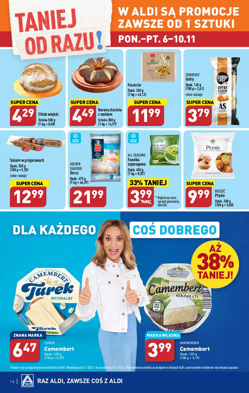 Gazetka promocyjna Aldi - Pełna oferta - ważna 06.11 do 10.11.2023 - strona 14 - produkty: All Seasons, Burger, Camembert, Chleb, Dorsz, Fa, Focaccia, Gofry, Golden Seafood, Hofburger, Salami