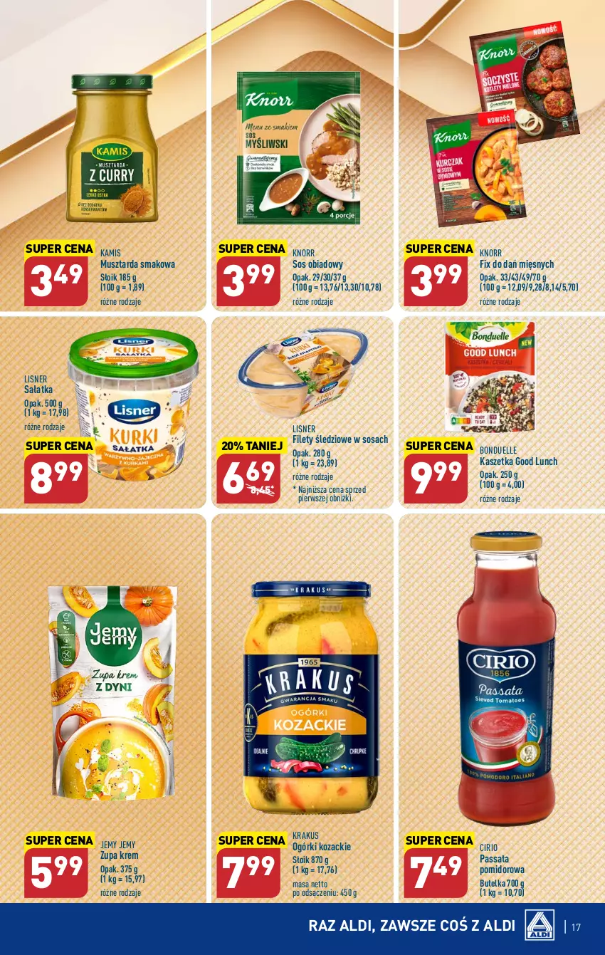 Gazetka promocyjna Aldi - Pełna oferta - ważna 06.11 do 10.11.2023 - strona 17 - produkty: Bonduelle, Kamis, Kaszetka, Knorr, Krakus, Lisner, Mus, Musztarda, Sałat, Sałatka, Sos, Zupa