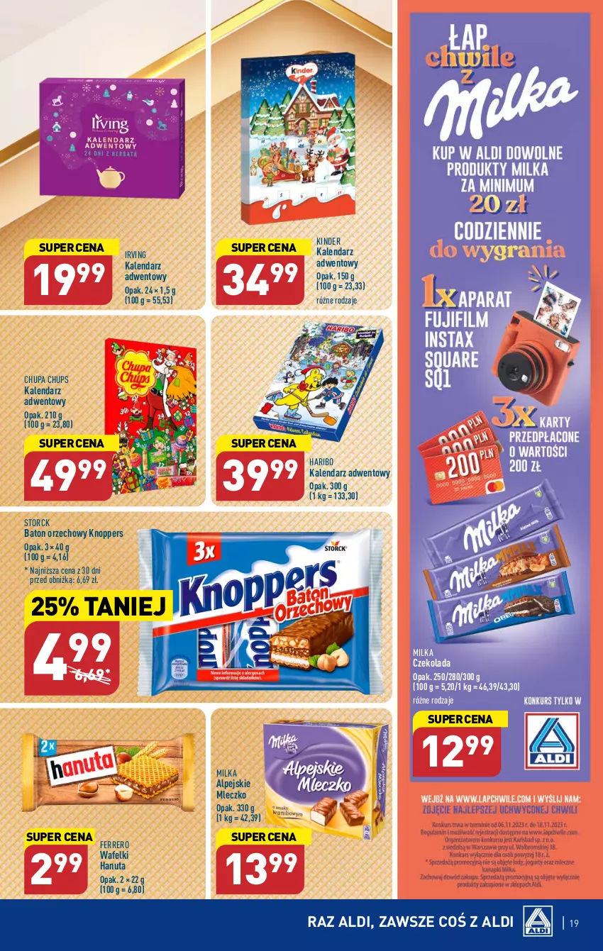 Gazetka promocyjna Aldi - Pełna oferta - ważna 06.11 do 10.11.2023 - strona 19 - produkty: Baton, Chupa Chups, Czekolada, Ferrero, Haribo, Irving, Kalendarz, Kalendarz adwentowy, Kinder, Knoppers, Milka, Mleczko