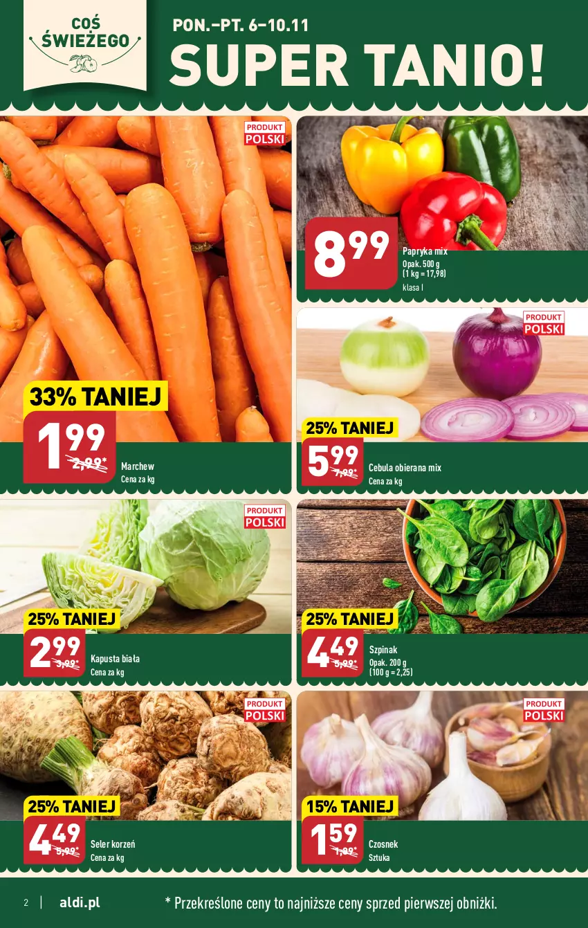 Gazetka promocyjna Aldi - Pełna oferta - ważna 06.11 do 10.11.2023 - strona 2 - produkty: Cebula, Czosnek, Papryka, Seler korzeń, Szpinak