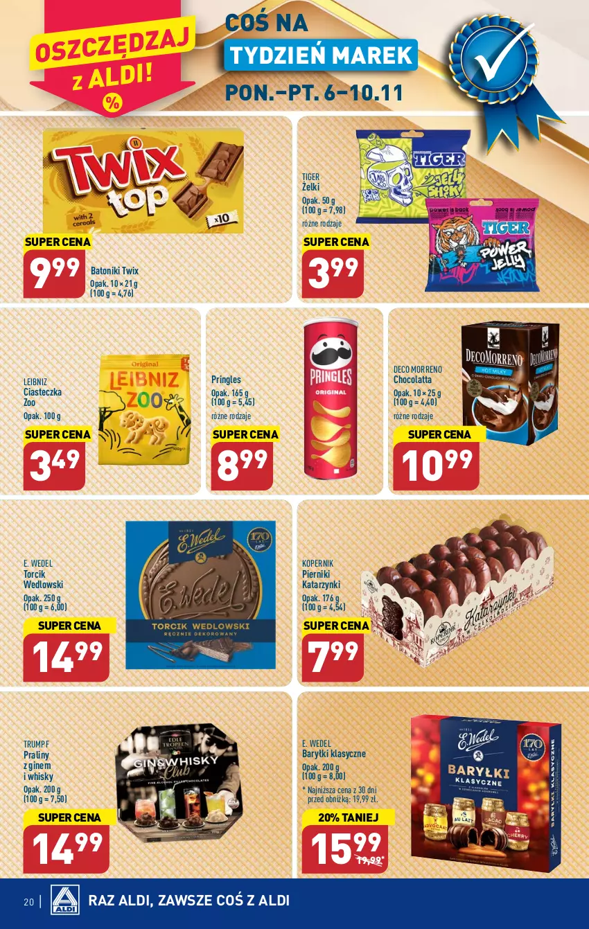 Gazetka promocyjna Aldi - Pełna oferta - ważna 06.11 do 10.11.2023 - strona 20 - produkty: Baryłki, Baton, E. Wedel, Gin, Piernik, Praliny, Pringles, Rum, Tiger, Tonik, Twix, Whisky