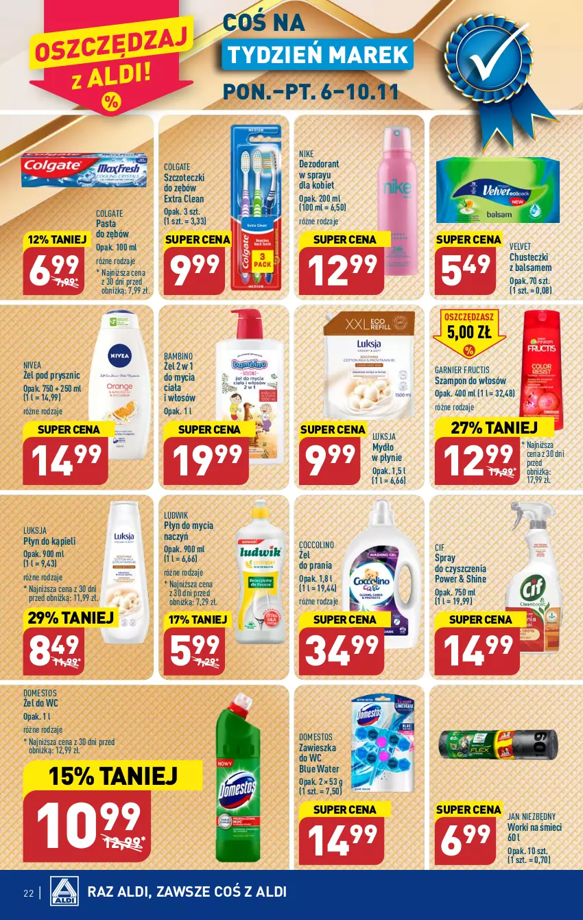 Gazetka promocyjna Aldi - Pełna oferta - ważna 06.11 do 10.11.2023 - strona 22 - produkty: Chusteczki, Cif, Coccolino, Colgate, Dezodorant, Do mycia naczyń, Domestos, Fructis, Garnier, Jan Niezbędny, LG, Ludwik, Luksja, Mydło, Mydło w płynie, Nike, Nivea, Pasta do zębów, Płyn do kąpieli, Płyn do mycia, Płyn do mycia naczyń, Spray do czyszczenia, Szampon, Velvet, Worki na śmiec, Worki na śmieci, Zawieszka do wc