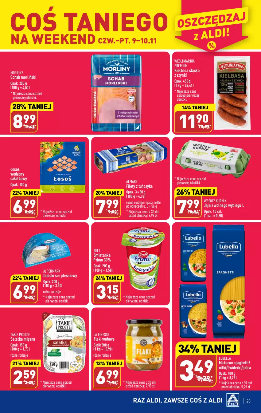 Gazetka promocyjna Aldi - Pełna oferta - ważna 06.11 do 10.11.2023 - strona 23 - produkty: Bell, Bella, Flaki, Flaki wołowe, Jaja, Jaja z wolnego wybiegu, Kiełbasa, Kiełbasa śląska, Lubella, Makaron, Morliny, Sałat, Sałatka, Ser, Ser pleśniowy, Spaghetti, Tuńczyk, Zott