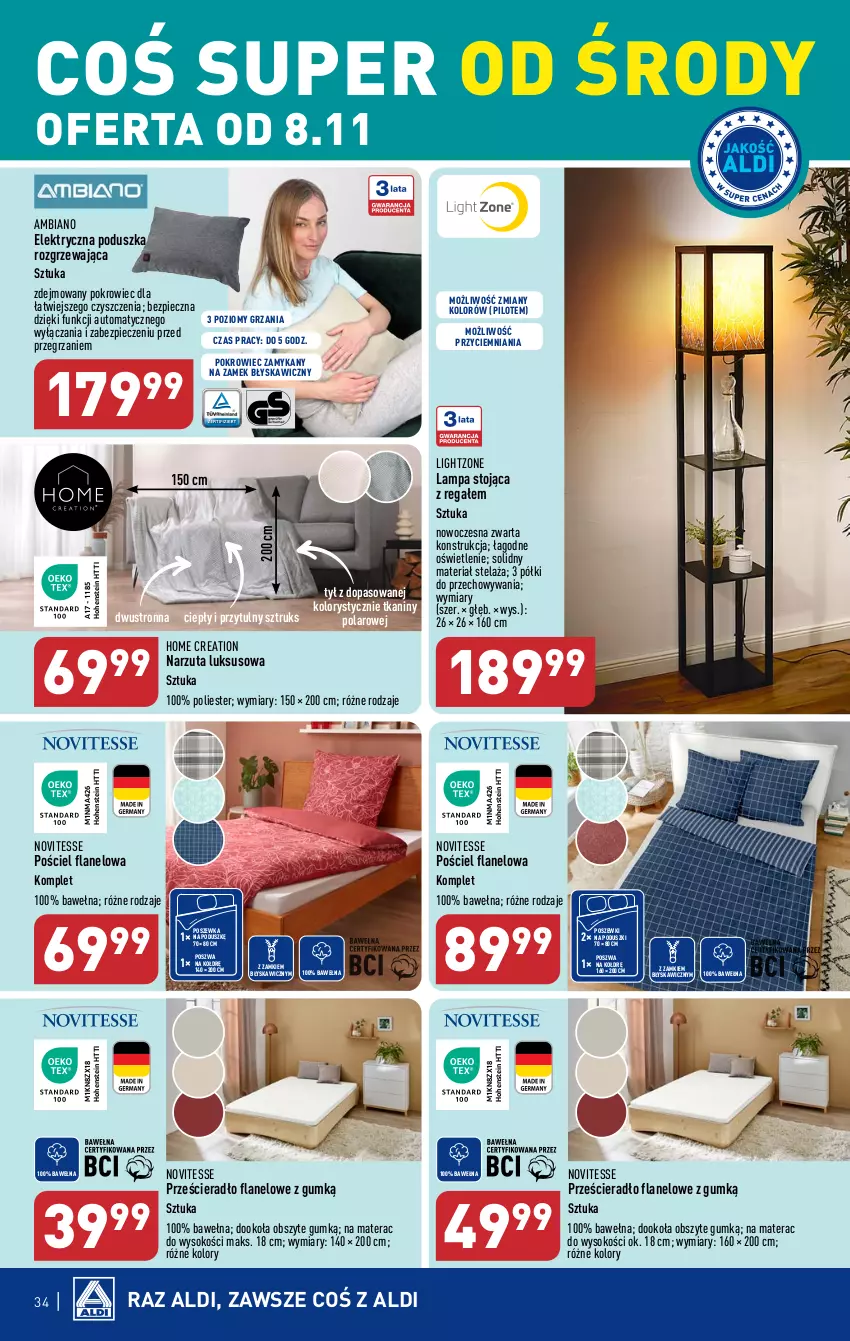 Gazetka promocyjna Aldi - Pełna oferta - ważna 06.11 do 10.11.2023 - strona 34 - produkty: Lampa, Materac, Narzuta, Piec, Poduszka, Pokrowiec, Pościel, Pościel flanelowa, Poszewka, Prześcieradło, Regał, Sok, Tera, Wełna