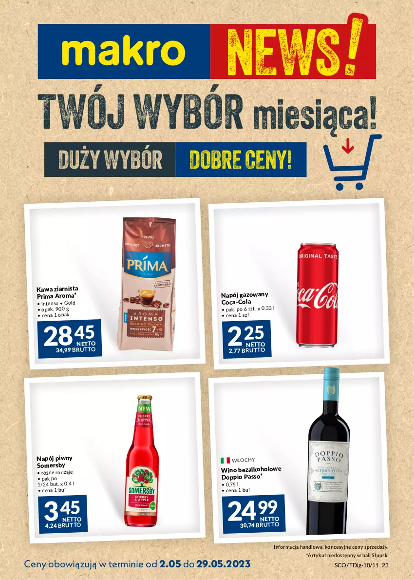 Gazetka promocyjna Makro - Najlepsze oferty - oferta z alkoholem - ważna 02.05 do 29.05.2023 - strona 1 - produkty: Coca-Cola, Kawa, Kawa ziarnista, Napój, Napój gazowany, Prima, Somersby, Wino, Wino bezalkoholowe