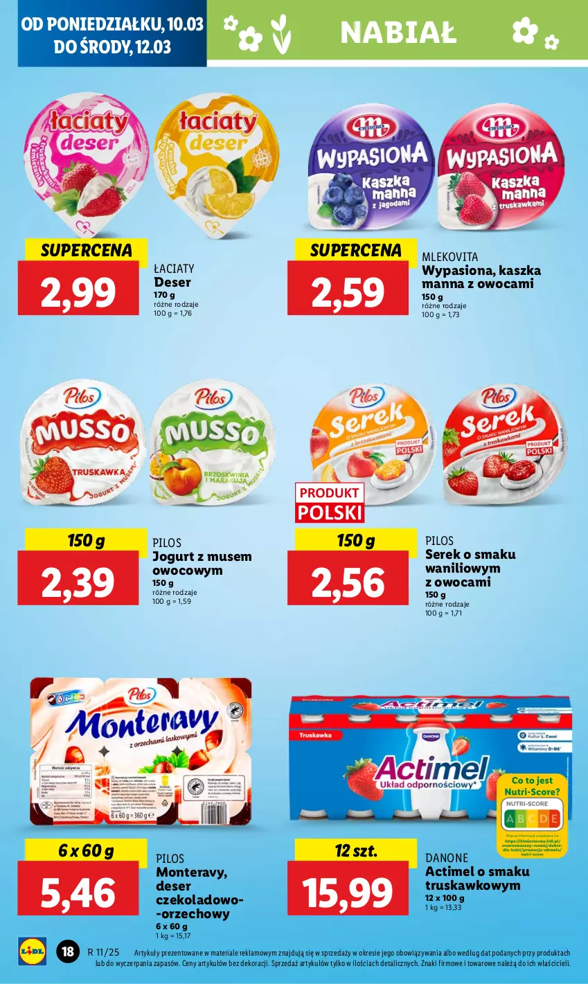 Gazetka promocyjna Lidl - GAZETKA - ważna 10.03 do 12.03.2025 - strona 20 - produkty: Actimel, Danone, Deser, Jogurt, Mleko, Mlekovita, Monte, Mus, Pilos, Ser, Serek, Tera