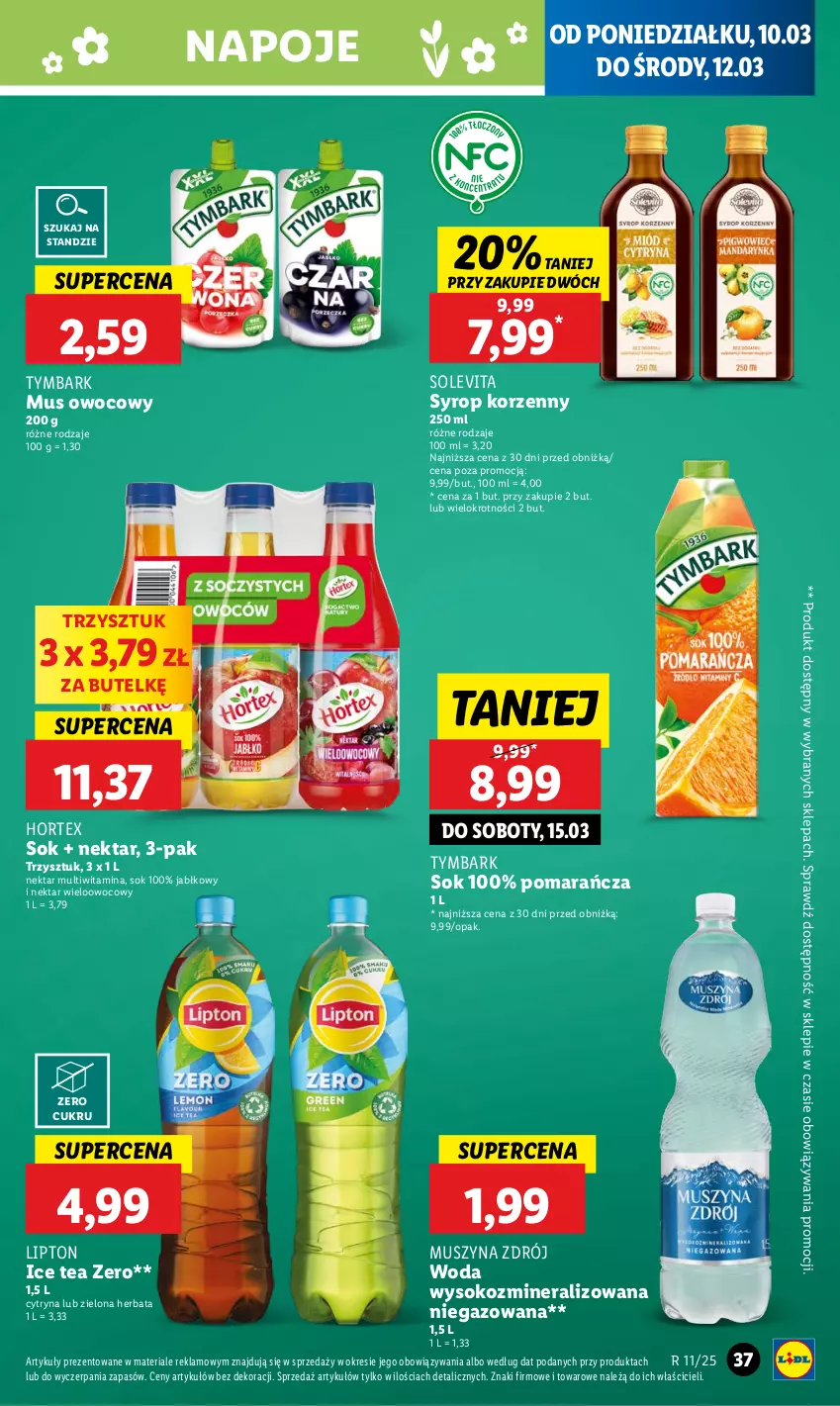 Gazetka promocyjna Lidl - GAZETKA - ważna 10.03 do 12.03.2025 - strona 39 - produkty: Herbata, Hortex, Ice tea, Lipton, Mus, Napoje, Nektar, Sok, Syrop, Szyna, Tymbark, Woda