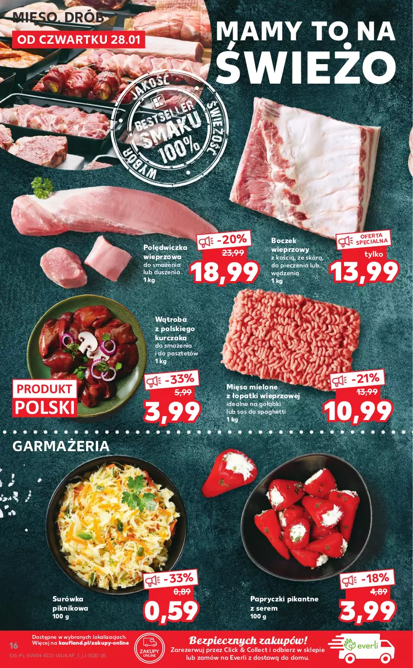 Gazetka promocyjna Kaufland - Tylko Bałwan Przepłaca - ważna 28.01 do 03.02.2021 - strona 16 - produkty: Boczek, Boczek wieprzowy, Drób, Kurczak, Mięso, Mięso mielone, Mięso mielone z łopatki wieprzowej, Papryczki pikantne, Pasztet, Piec, Polędwiczka wieprzowa, Ser, Sos, Spaghetti, Surówka