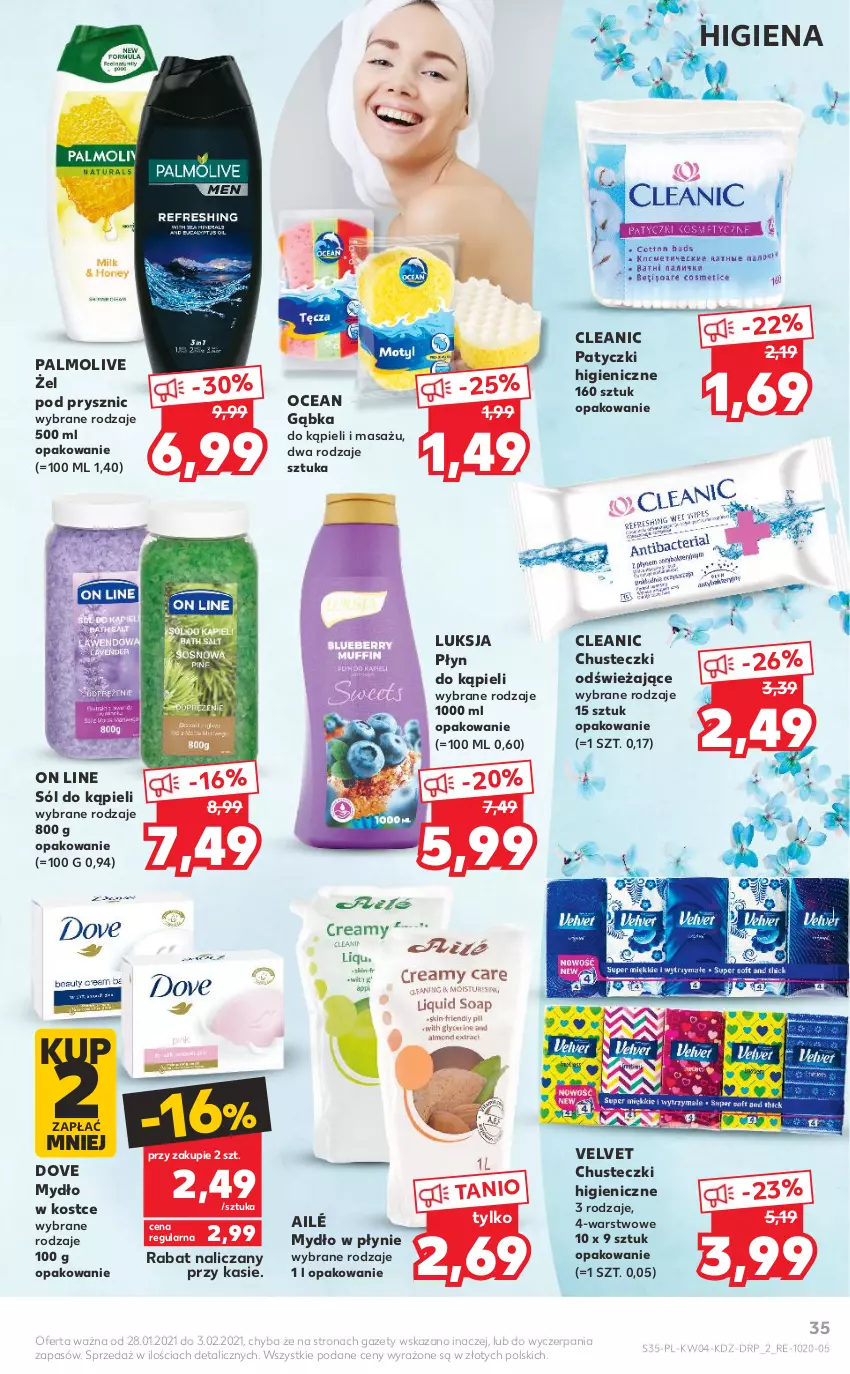 Gazetka promocyjna Kaufland - Tylko Bałwan Przepłaca - ważna 28.01 do 03.02.2021 - strona 35 - produkty: Chusteczki, Cleanic, Dove, Luksja, Mydło, Mydło w płynie, Palmolive, Płyn do kąpieli, Sól, Sól do kąpieli, Velvet