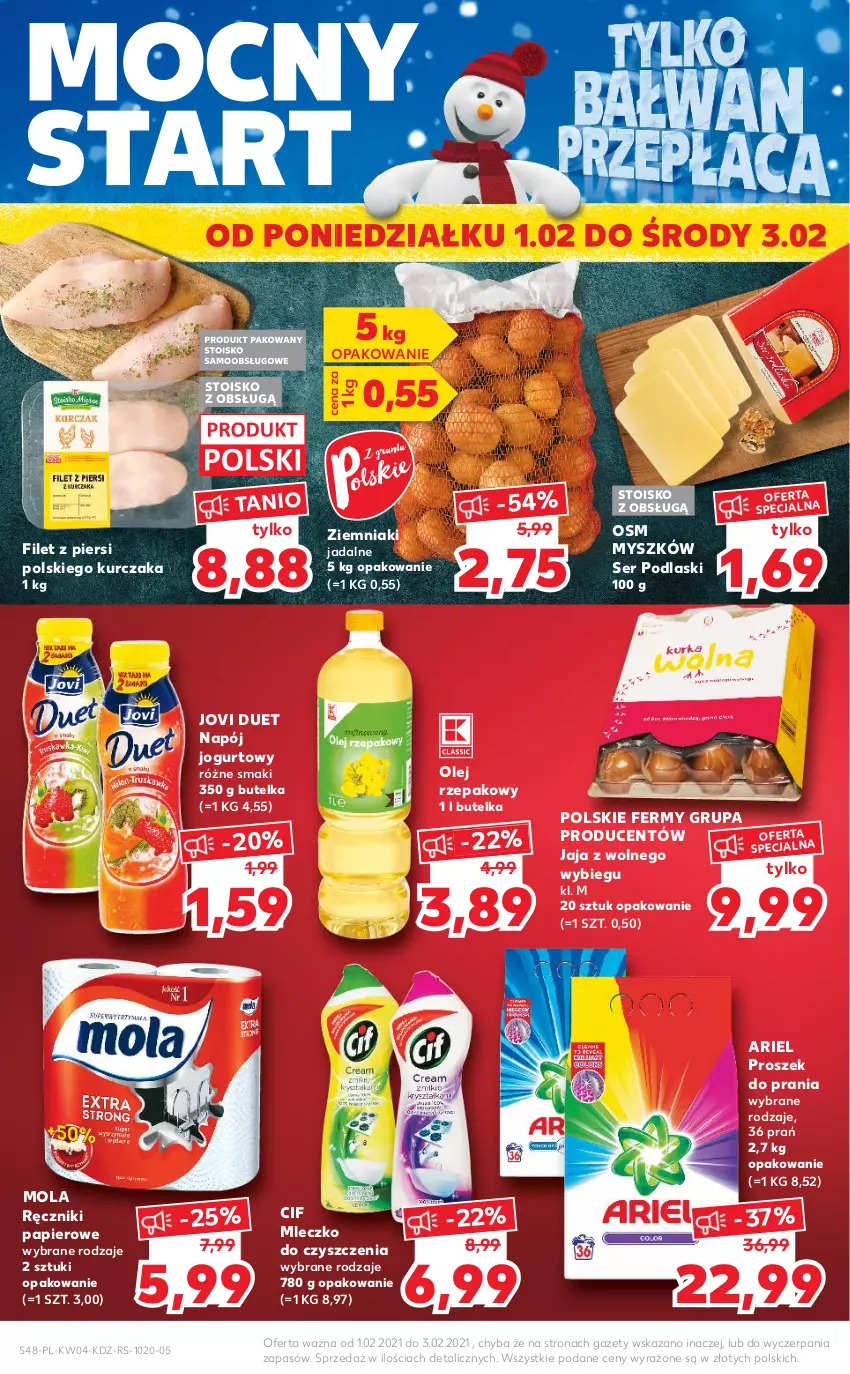 Gazetka promocyjna Kaufland - Tylko Bałwan Przepłaca - ważna 28.01 do 03.02.2021 - strona 48 - produkty: Ariel, Cif, Jaja, Jaja z wolnego wybiegu, Jogurt, Kurczak, Mleczko, Mola, Mysz, Napój, Napój jogurtowy, Olej, Olej rzepakowy, Papier, Podlaski, Proszek do prania, Ręcznik, Ręczniki papierowe, Ser, Ziemniaki