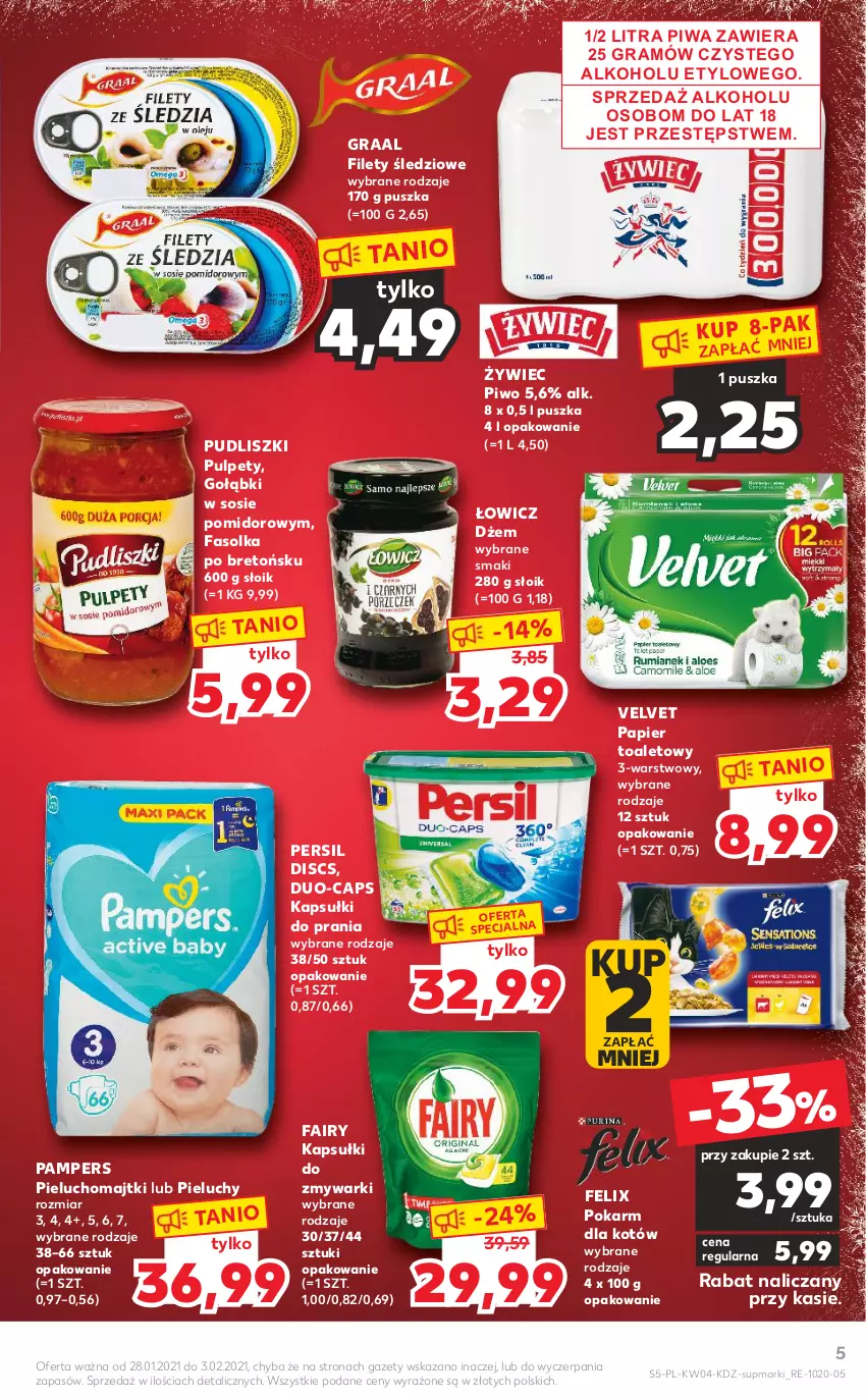 Gazetka promocyjna Kaufland - Tylko Bałwan Przepłaca - ważna 28.01 do 03.02.2021 - strona 5 - produkty: Dżem, Fa, Fairy, Felix, Gra, Graal, Kapsułki do prania, Majtki, Pampers, Papier, Papier toaletowy, Persil, Pieluchomajtki, Pieluchy, Piwa, Piwo, Pudliszki, Pulpety, Sos, Velvet, Zmywarki