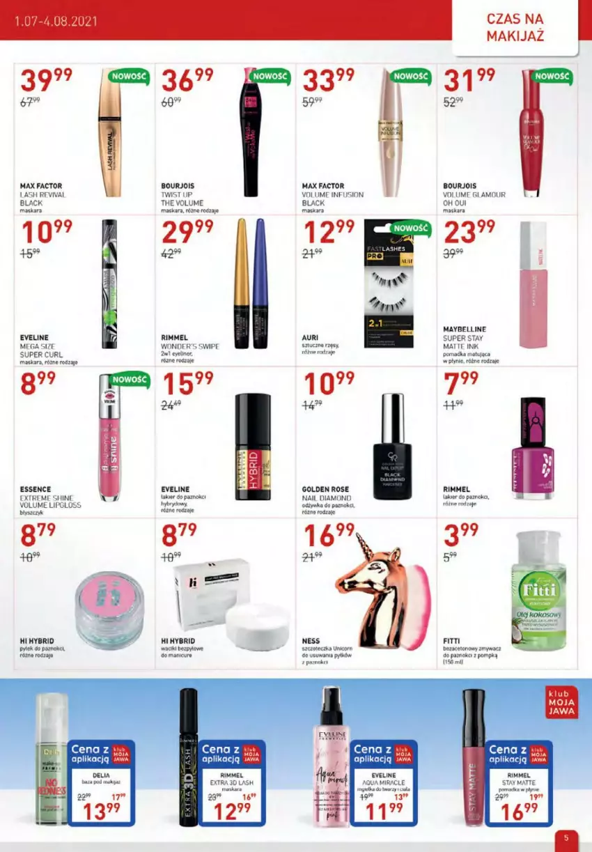 Gazetka promocyjna Drogerie Jawa - ważna 01.07 do 04.08.2021 - strona 5 - produkty: Bell, Bourjois, Eveline, Fa, Fusion, Lack, Lakier, Maska, Maskara, Max Factor, Maybelline, Ser, Szczoteczka, Waciki