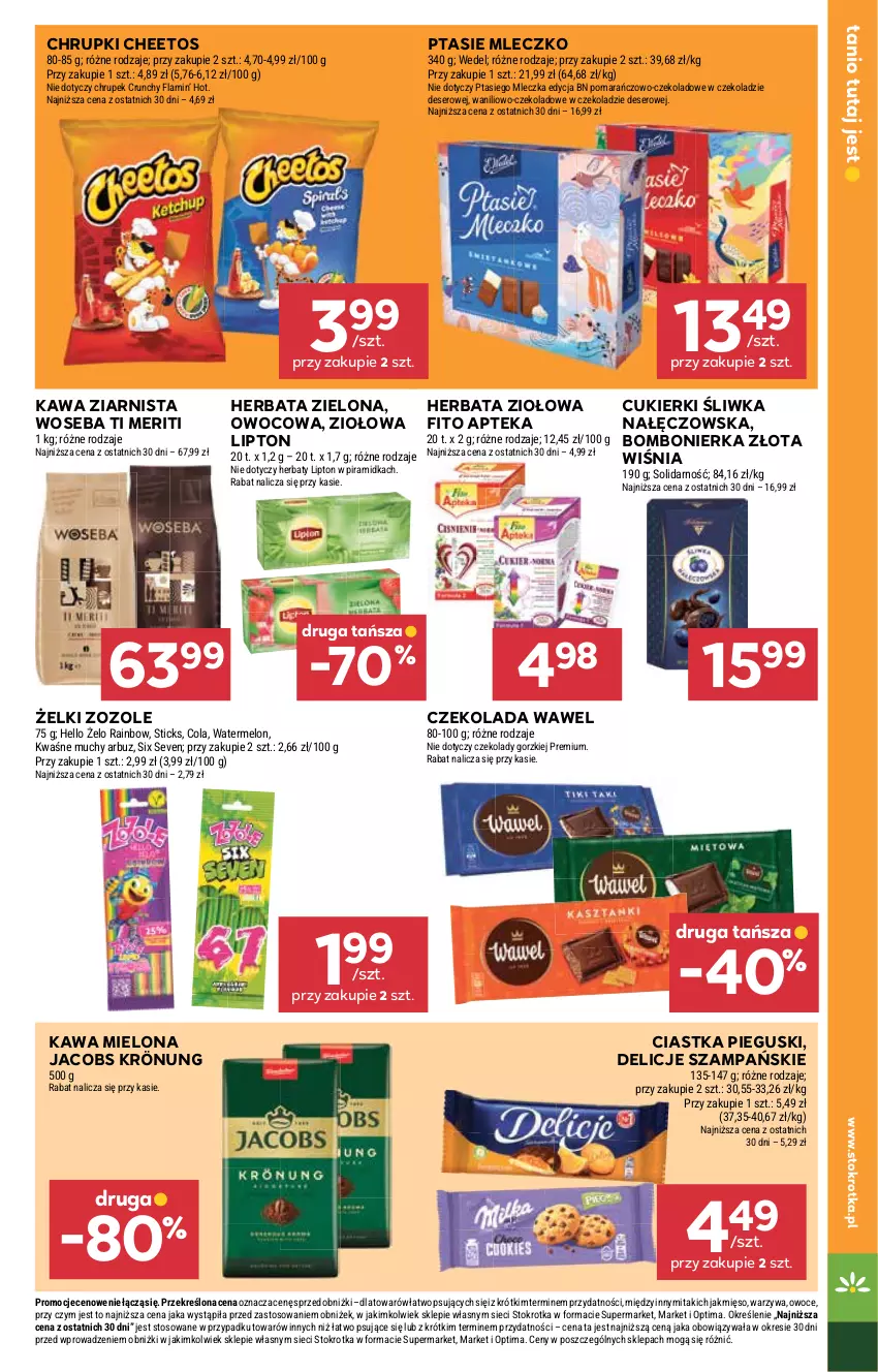 Gazetka promocyjna Stokrotka - Market - ważna 12.02 do 18.02.2026 - strona 17 - produkty: Apteka, Arbuz, Cheetos, Chrupki, Ciastka, Cukier, Cukierki, Czekolada, Delicje, Deser, Herbata, Jacobs, Jacobs Krönung, Kawa, Kawa mielona, Kawa ziarnista, Lipton, Melon, Mięso, Mleczko, Optima, Owoce, Ptasie mleczko, Ser, Warzywa, Wawel, Woseba