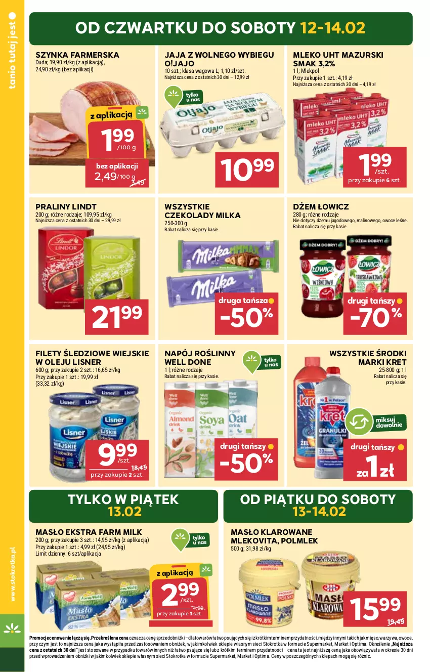 Gazetka promocyjna Stokrotka - Market - ważna 12.02 do 18.02.2026 - strona 2 - produkty: Duda, Dżem, Fa, Farm Milk, Jaja, Jaja z wolnego wybiegu, Kret, Lindt, Lisner, Masło, Masło klarowane, Mięso, Milka, Mleko, Mlekovita, Napój, Napój roślinny, Olej, Optima, Owoce, POLMLEK, Praliny, Szynka, Szynka farmerska, Warzywa