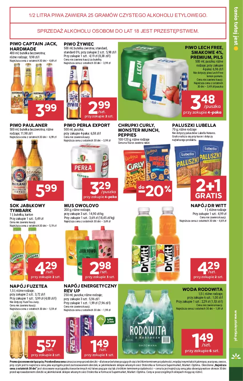 Gazetka promocyjna Stokrotka - Market - ważna 12.02 do 18.02.2026 - strona 23 - produkty: Bell, Bella, Captain Jack, Chrupki, Gra, Lubella, Mięso, Monster Munch, Mus, Napój, Napój energetyczny, Optima, Owoce, Perła, Piwa, Piwo, Pomelo, Por, Sok, Sok jabłkowy, Tymbark, Warzywa, Woda