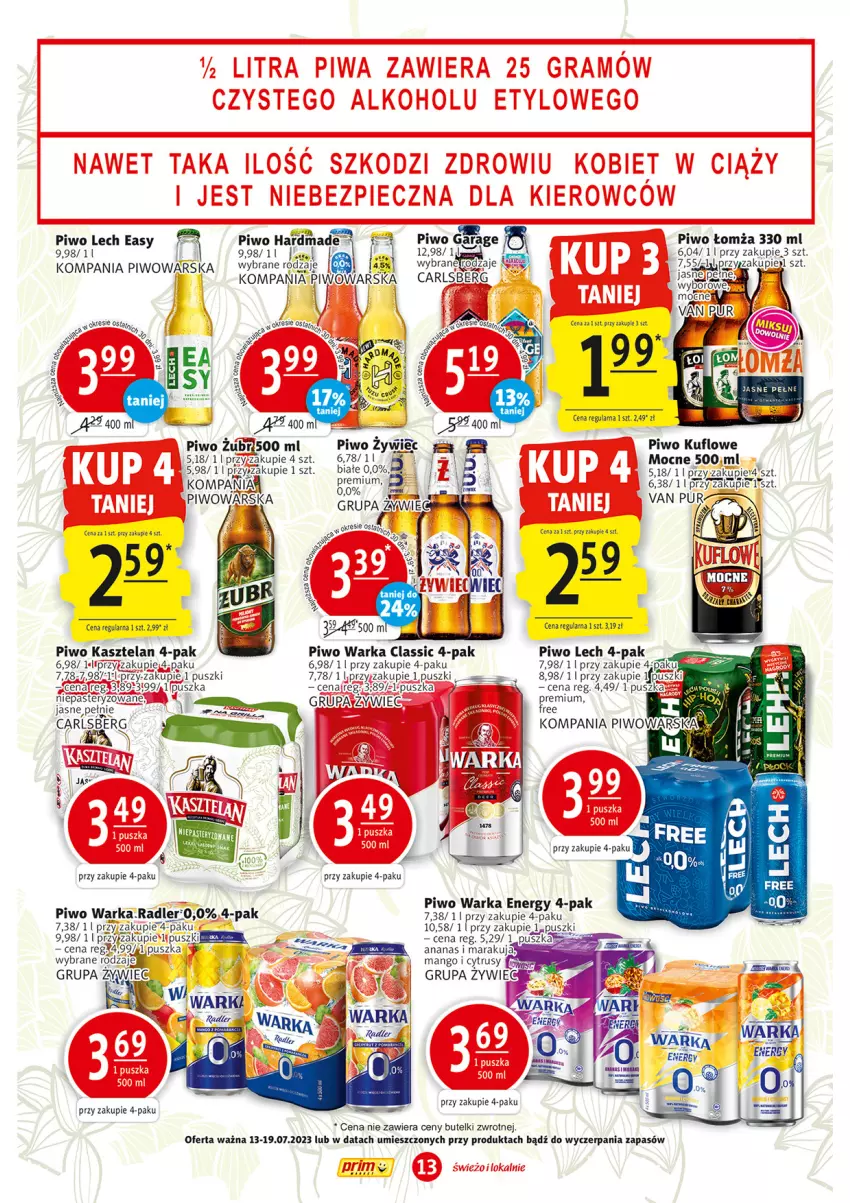 Gazetka promocyjna Prim Market - ważna 13.07 do 19.07.2023 - strona 13 - produkty: Carlsberg, HP, Kasztelan, LANA, Piwo, Pur, Radler, Warka