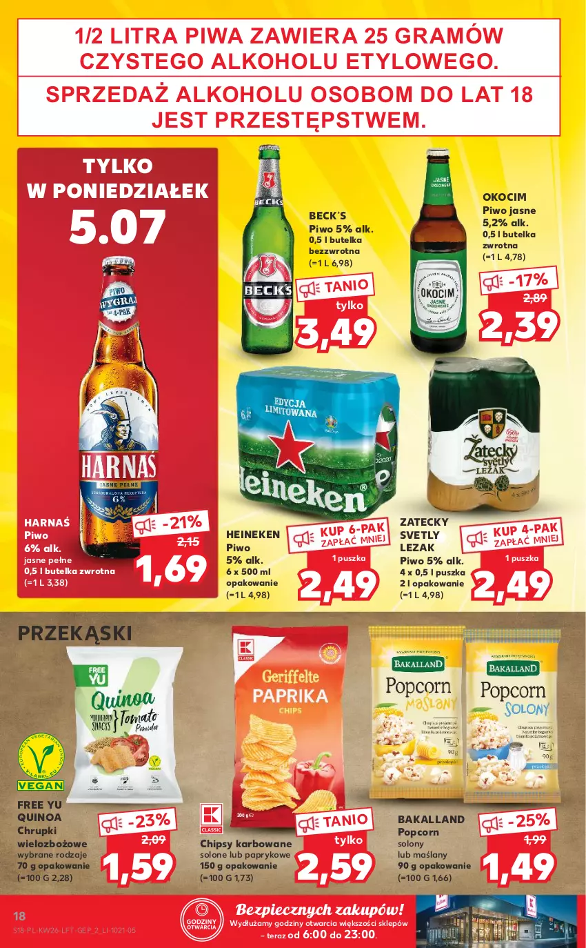 Gazetka promocyjna Kaufland - OFERTA TYGODNIA - ważna 01.07 do 07.07.2021 - strona 18 - produkty: Bakalland, Chipsy, Chrupki, Gra, Harnaś, Heineken, Koc, Okocim, Piec, Piwa, Piwo, Piwo jasne, Popcorn, Quinoa, Tera